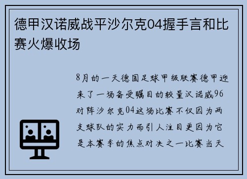 德甲汉诺威战平沙尔克04握手言和比赛火爆收场