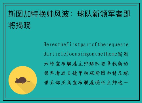 斯图加特换帅风波：球队新领军者即将揭晓