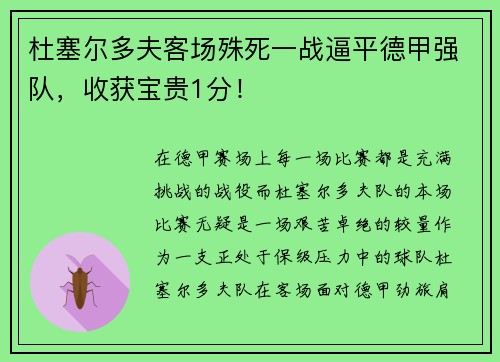 杜塞尔多夫客场殊死一战逼平德甲强队，收获宝贵1分！
