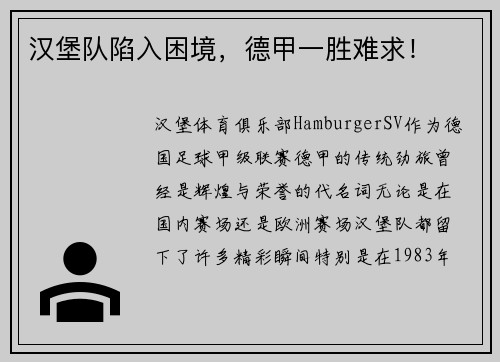 汉堡队陷入困境，德甲一胜难求！